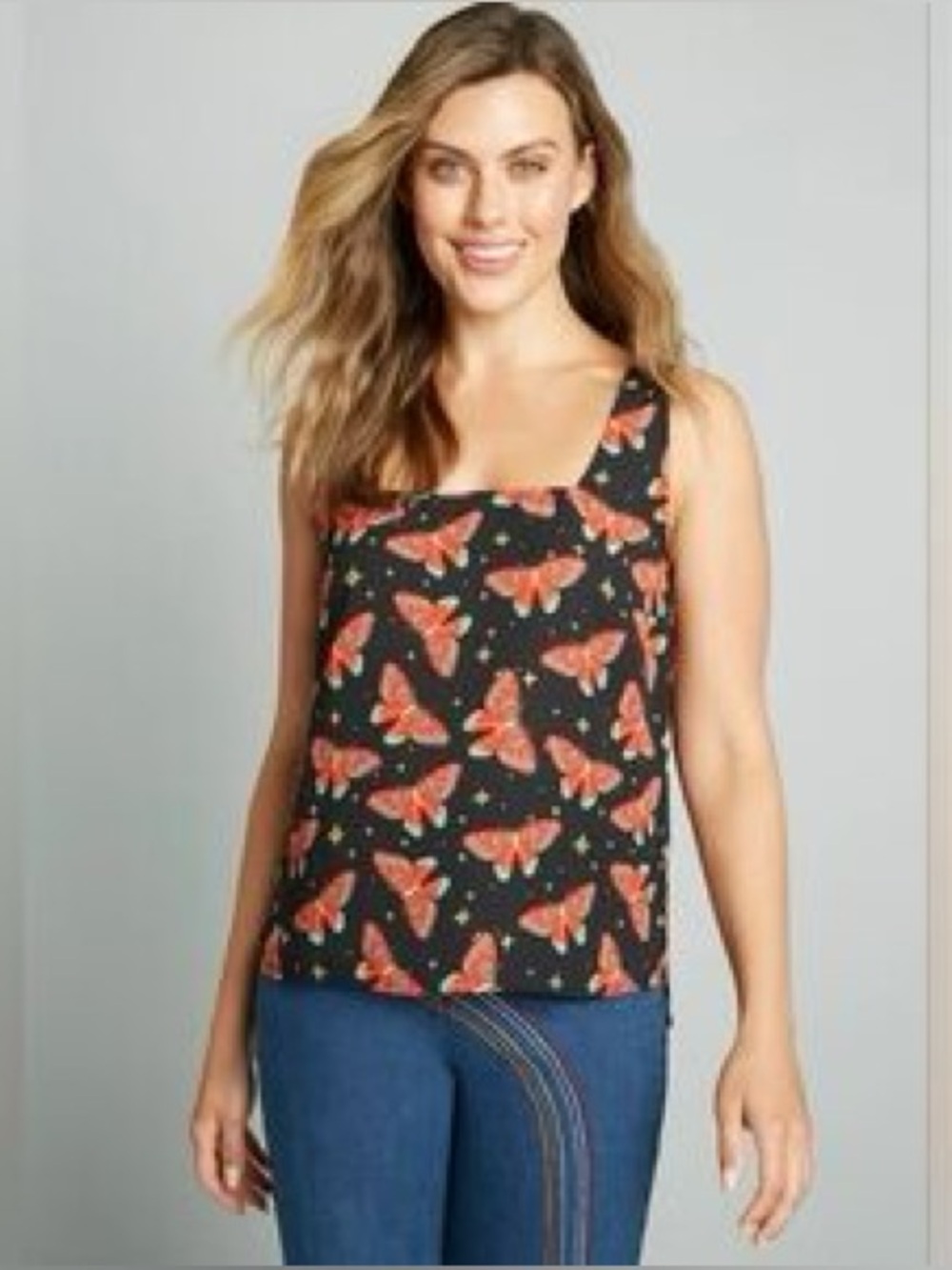 Modcloth Black Tank Top with Orange Butterfly Print